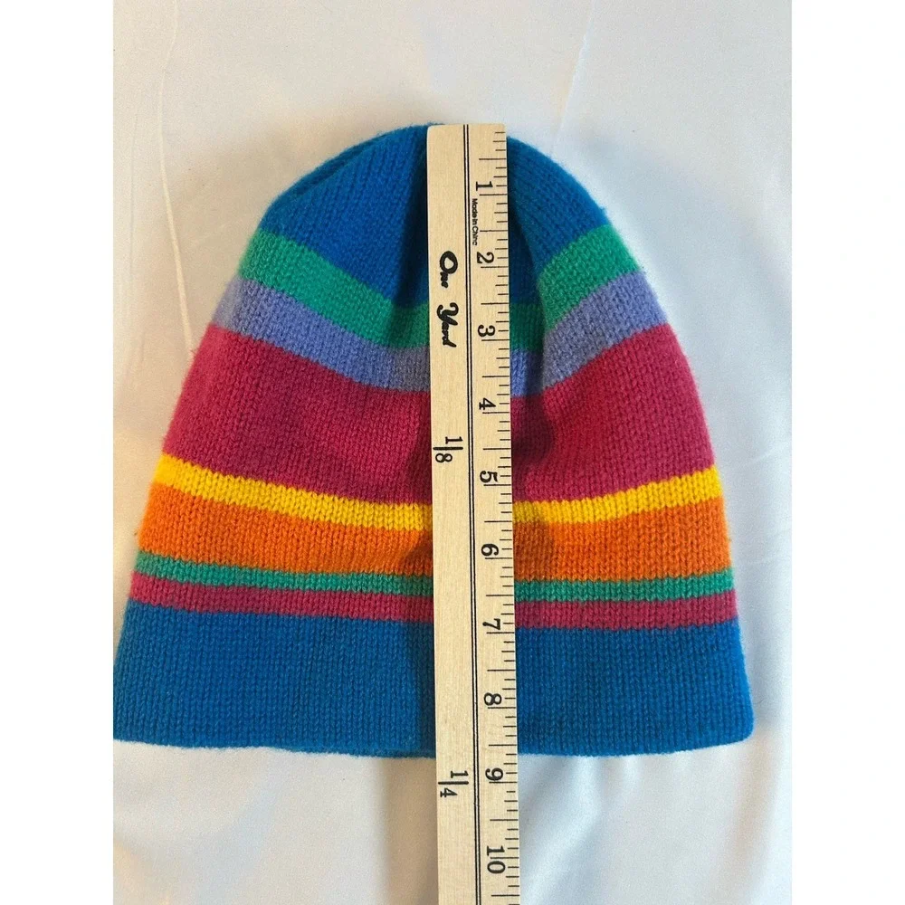 Vintage 80/90's Beanie Multicolor Striped Knit Youth Sz 7/14 Acrylic Wool Retro